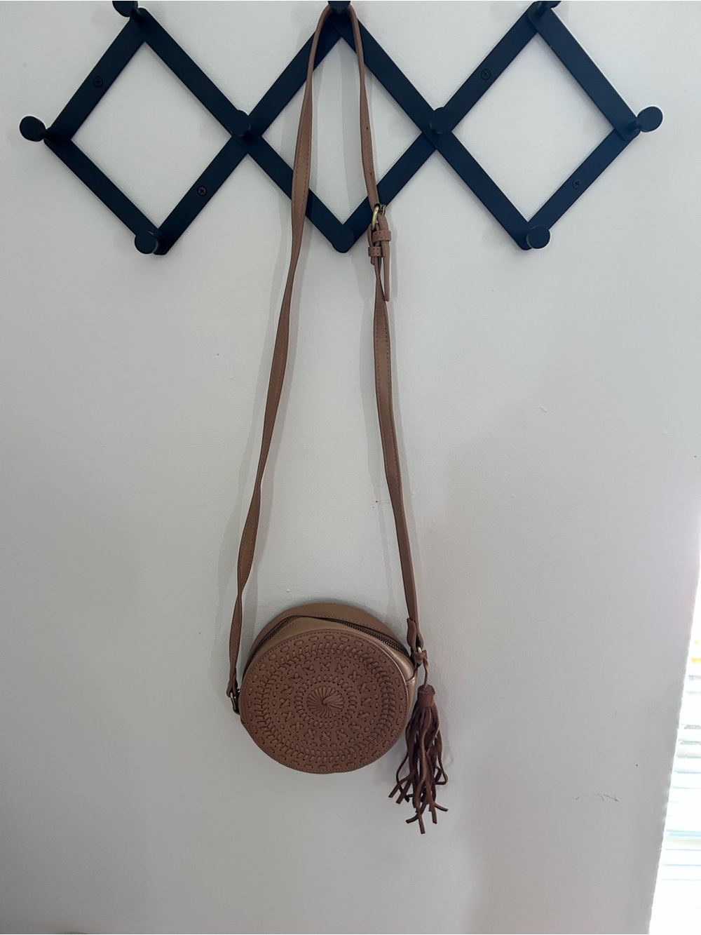 Round Tan Crossbody Bag with Tassel